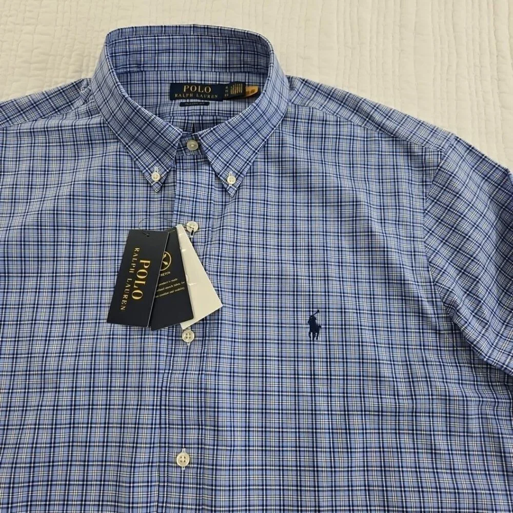 Polo Ralph Lauren Performance Shirt Men's XL Blue Plaid‎ Classic Fit Wicking NEW